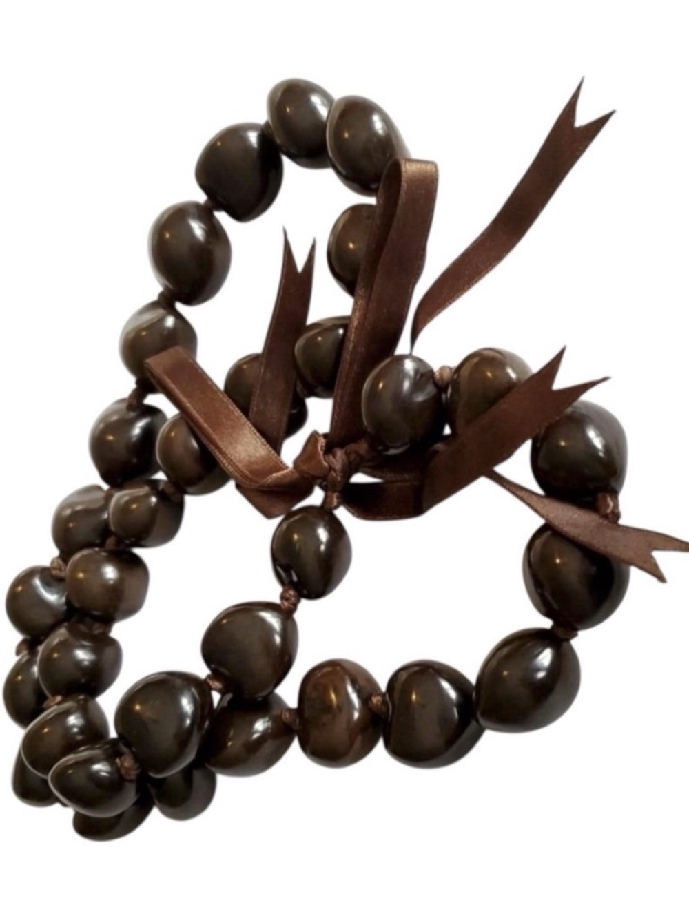 Vintage 70’s Hawaiian lei Kukui nut brown necklace strung on ribbon